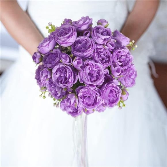 Artificial Peonies Silk Flowers, Purple Faux Peony Bouquet 4 Bundles Florals - Picture 5 of 6